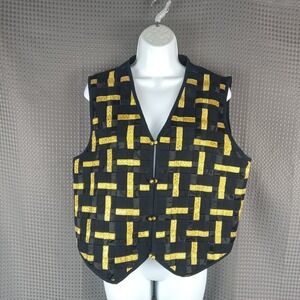 Vintage Allure Black Gold Woven Patchwork Vest Missy Large Button Front Festive